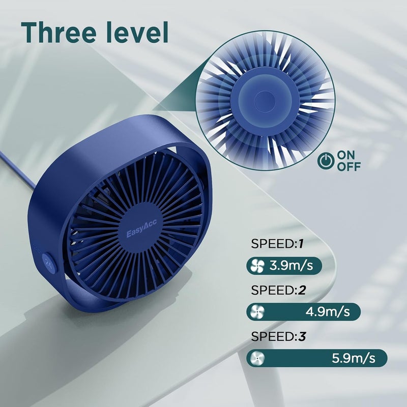 EasyAcc USB Small Desk Fan, Slumber Pod Fan [360°Rotatable Head &Powerful ] 3 Speeds Portable Personal Table Travel Fan for Sleeping Desk Cruise Ship Dorm Bedroom Office (No Battery) - Image 3